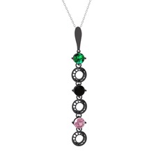 Yeşil kuvars, siyah zirkon ve pembe kuvars 925 ayar siyah rodyum kaplama gümüş kolye (40 cm beyaz altın rolo zincir)