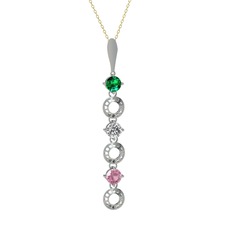 Yeşil kuvars, beyaz zirkon ve pembe kuvars 14 ayar beyaz altın kolye (40 cm altın rolo zincir)