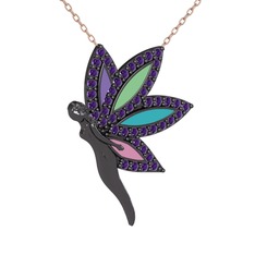 İlham Perisi Kolye - Ametist 925 ayar siyah rodyum kaplama gümüş kolye (40 cm rose altın rolo zincir) #1d9uauy