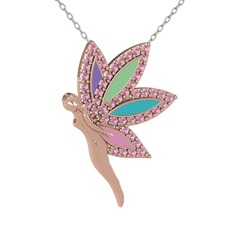 Pembe kuvars 14 ayar rose altın kolye (40 cm beyaz altın rolo zincir)