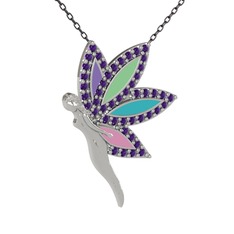 Ametist 8 ayar beyaz altın kolye (40 cm gümüş rolo zincir)