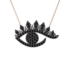 Ezra Göz Kolye - Siyah zirkon 925 ayar siyah rodyum kaplama gümüş kolye (40 cm rose altın rolo zincir) #12c64si