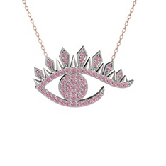 Pembe kuvars 18 ayar beyaz altın kolye (40 cm rose altın rolo zincir)
