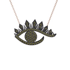 Ezra Göz Kolye - Peridot 925 ayar siyah rodyum kaplama gümüş kolye (40 cm rose altın rolo zincir) #1mkugik