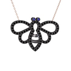 Bumblebee Arı Kolye - Lab safir ve siyah zirkon 925 ayar siyah rodyum kaplama gümüş kolye (40 cm rose altın rolo zincir) #10ljqjs
