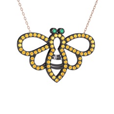 Bumblebee Arı Kolye - Kök zümrüt ve sitrin 925 ayar siyah rodyum kaplama gümüş kolye (40 cm rose altın rolo zincir) #11ykibx