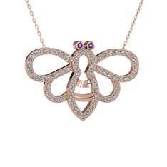 Bumblebee Arı Kolye - Ametist ve beyaz zirkon 14 ayar rose altın kolye (40 cm rose altın rolo zincir) #12041ra