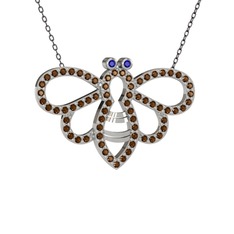 Bumblebee Arı Kolye - Lab safir ve dumanlı kuvars 18 ayar beyaz altın kolye (40 cm gümüş rolo zincir) #13bed52