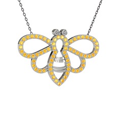 Bumblebee Arı Kolye - Beyaz zirkon ve sitrin 8 ayar beyaz altın kolye (40 cm gümüş rolo zincir) #144nki5