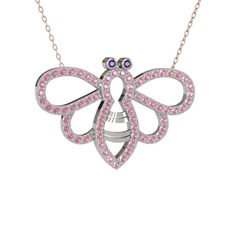 Bumblebee Arı Kolye - Ametist ve pembe kuvars 18 ayar beyaz altın kolye (40 cm rose altın rolo zincir) #1462k19