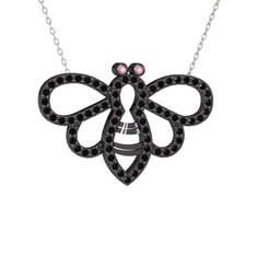 Bumblebee Arı Kolye - Pembe kuvars ve siyah zirkon 925 ayar siyah rodyum kaplama gümüş kolye (40 cm beyaz altın rolo zincir) #14crkon