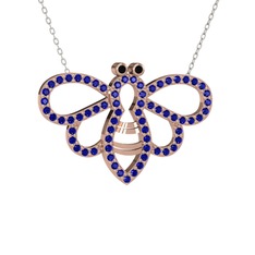 Bumblebee Arı Kolye - Siyah zirkon ve lab safir 14 ayar rose altın kolye (40 cm beyaz altın rolo zincir) #14gtw88