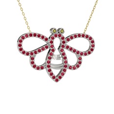 Bumblebee Arı Kolye - Peridot ve rodolit garnet 8 ayar beyaz altın kolye (40 cm altın rolo zincir) #14p5a2v