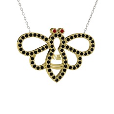 Bumblebee Arı Kolye - Garnet ve siyah zirkon 8 ayar altın kolye (40 cm gümüş rolo zincir) #14v40up