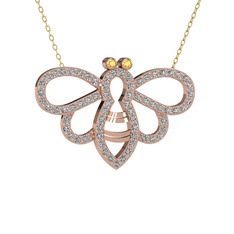 Bumblebee Arı Kolye - Sitrin ve beyaz zirkon 18 ayar rose altın kolye (40 cm altın rolo zincir) #14xs7qi