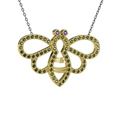 Bumblebee Arı Kolye - Ametist ve peridot 8 ayar altın kolye (40 cm gümüş rolo zincir) #15pl91l