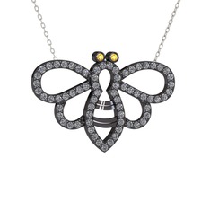 Bumblebee Arı Kolye - Sitrin ve pırlanta 925 ayar siyah rodyum kaplama gümüş kolye (0.737 karat, 40 cm beyaz altın rolo zincir) #16qsa4b
