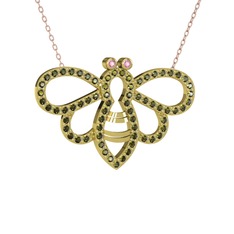 Bumblebee Arı Kolye - Pembe kuvars ve peridot 14 ayar altın kolye (40 cm rose altın rolo zincir) #170x91i