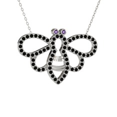 Bumblebee Arı Kolye - Ametist ve siyah zirkon 8 ayar beyaz altın kolye (40 cm beyaz altın rolo zincir) #17cq62d