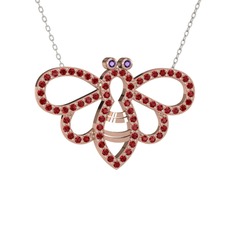 Bumblebee Arı Kolye - Ametist ve garnet 925 ayar rose altın kaplama gümüş kolye (40 cm beyaz altın rolo zincir) #17isv2m