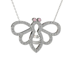 Bumblebee Arı Kolye - Pembe kuvars ve beyaz zirkon 8 ayar beyaz altın kolye (40 cm beyaz altın rolo zincir) #187ton2