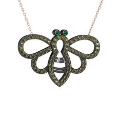Bumblebee Arı Kolye - Yeşil kuvars ve peridot 925 ayar siyah rodyum kaplama gümüş kolye (40 cm rose altın rolo zincir) #18b2oqg