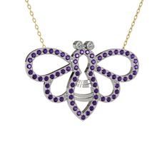 Bumblebee Arı Kolye - Swarovski ve ametist 8 ayar beyaz altın kolye (40 cm altın rolo zincir) #18rnt4s