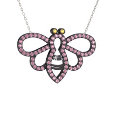 Bumblebee Arı Kolye - Sitrin ve pembe kuvars 925 ayar siyah rodyum kaplama gümüş kolye (40 cm gümüş rolo zincir) #18ufcvm
