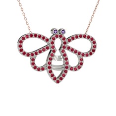 Ametist ve rodolit garnet 8 ayar beyaz altın kolye (40 cm rose altın rolo zincir)