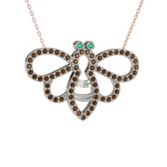 Kök zümrüt ve dumanlı kuvars 18 ayar beyaz altın kolye (40 cm rose altın rolo zincir)