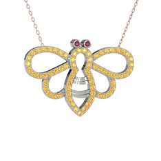 Bumblebee Arı Kolye - Kök yakut ve sitrin 8 ayar beyaz altın kolye (40 cm rose altın rolo zincir) #197qksn