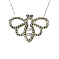 Bumblebee Arı Kolye - Ametist ve peridot 14 ayar beyaz altın kolye (40 cm rose altın rolo zincir) #19dvt6d