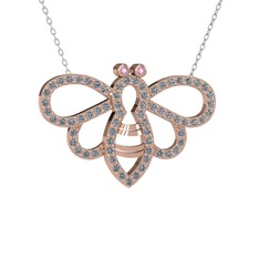 Bumblebee Arı Kolye - Pembe kuvars ve pırlanta 18 ayar rose altın kolye (0.737 karat, 40 cm beyaz altın rolo zincir) #19lzoix