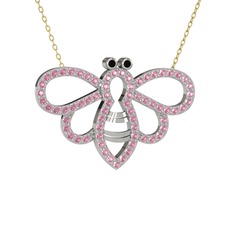 Bumblebee Arı Kolye - Siyah zirkon ve pembe kuvars 8 ayar beyaz altın kolye (40 cm altın rolo zincir) #1a5vkws