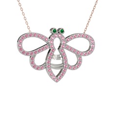 Bumblebee Arı Kolye - Yeşil kuvars ve pembe kuvars 18 ayar beyaz altın kolye (40 cm rose altın rolo zincir) #1b9rdtp