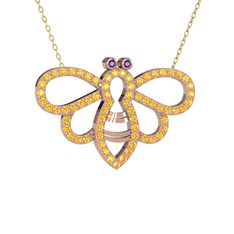 Bumblebee Arı Kolye - Ametist ve sitrin 8 ayar rose altın kolye (40 cm altın rolo zincir) #1be56me