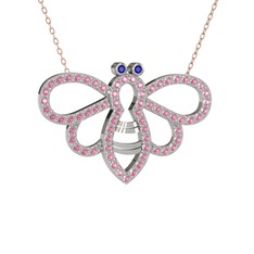 Bumblebee Arı Kolye - Lab safir ve pembe kuvars 18 ayar beyaz altın kolye (40 cm rose altın rolo zincir) #1bg58fb