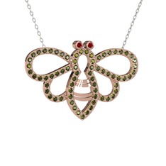 Bumblebee Arı Kolye - Garnet ve peridot 14 ayar rose altın kolye (40 cm beyaz altın rolo zincir) #1crpn3