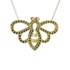 Bumblebee Arı Kolye - Pembe kuvars ve peridot 14 ayar altın kolye (40 cm beyaz altın rolo zincir) #1dygipv