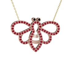 Bumblebee Arı Kolye - Siyah zirkon ve rodolit garnet 925 ayar rose altın kaplama gümüş kolye (40 cm altın rolo zincir) #1e3rc3o