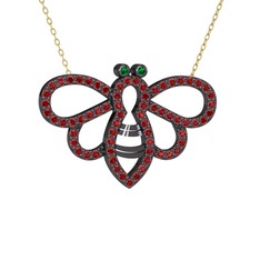 Yeşil kuvars ve garnet 925 ayar siyah rodyum kaplama gümüş kolye (40 cm altın rolo zincir)