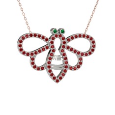 Bumblebee Arı Kolye - Yeşil kuvars ve garnet 8 ayar beyaz altın kolye (40 cm rose altın rolo zincir) #1ektr1z