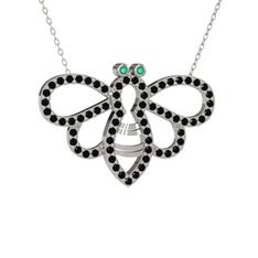 Bumblebee Arı Kolye - Kök zümrüt ve siyah zirkon 8 ayar beyaz altın kolye (40 cm beyaz altın rolo zincir) #1en25z1