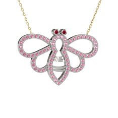 Bumblebee Arı Kolye - Rodolit garnet ve pembe kuvars 18 ayar beyaz altın kolye (40 cm altın rolo zincir) #1hjjjeq