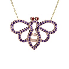 Bumblebee Arı Kolye - Garnet ve ametist 18 ayar rose altın kolye (40 cm altın rolo zincir) #1i14c6m