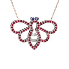 Bumblebee Arı Kolye - Lab safir ve rodolit garnet 8 ayar beyaz altın kolye (40 cm rose altın rolo zincir) #1jdtuud