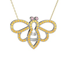 Bumblebee Arı Kolye - Pembe kuvars ve sitrin 8 ayar beyaz altın kolye (40 cm altın rolo zincir) #1jsbpez