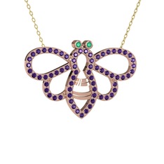 Kök zümrüt ve ametist 18 ayar rose altın kolye (40 cm altın rolo zincir)