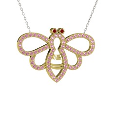 Garnet ve pembe kuvars 8 ayar altın kolye (40 cm beyaz altın rolo zincir)