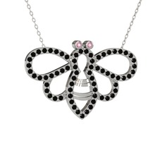 Bumblebee Arı Kolye - Pembe kuvars ve siyah zirkon 925 ayar gümüş kolye (40 cm beyaz altın rolo zincir) #1l6g19q